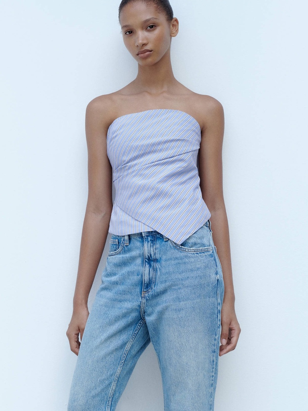 Mango Light Blue and White Striped Smocked Tube Top